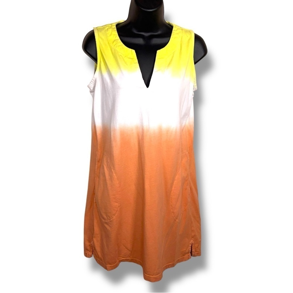 Small Lands End Ombré Dress Henley Neckline Sleeveless Cotton Orange Yellow